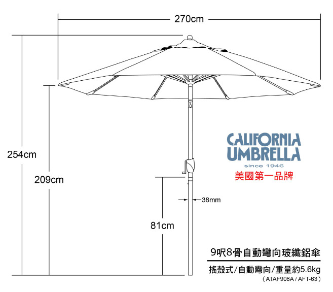 9 呎 8 骨高級玻纖鋁骨搖開傘 細節或尺寸圖
